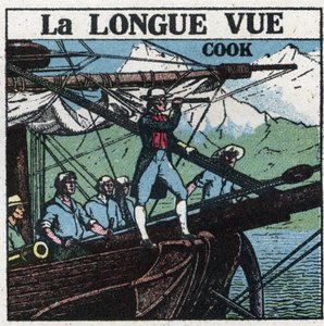 Pierwsze instrumenty optyczne: kapitan James Cook (1728-1779), siedzący na dziobie swojej łodzi, z daleka obserwuje południowe ziemie. Anonimowa ilustracja z 1925 r. Ze zbiorów prywatnych. autorstwa Anonymous Anonymous