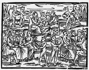 Posiłek czarownic w szabat - „Kompendium Maleficarum”, opowiada o czarownicach, ich złu i ich losach autorstwa Francesco Marii Guazzo lub Guaccio lub Guaccius (15??-16??) 1608 Kolekcja prywatna autorstwa Anonymous Anonymous