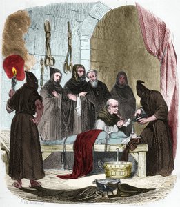 Kwestia wody: Pedro (Pierre) de Arbues (1441/1442 - 1485) przesłuchuje pod torturami młodą kobietę, która rzekomo nakłoniła swoją siostrę do zwrócenia się ku luteranizmowi. Zawiązać sznurkami, wodę wlewa się do szmatki, którą wciska się w gardło. autorstwa Anonymous Anonymous
