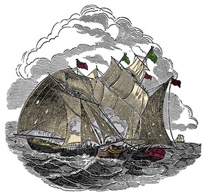Statek pirata Henry Every (John Avery, Long Ben, Benjamin Bridgeman) (?-1695) zaatakował we wrześniu 1695 flotę wielkiego Mogołów Aurangzeb Aurangzeb (Alamgir) w pobliżu Surate, Indie Grawerowanie z „Księgi własnej piratów” autorstwa Karol Ellms autorstwa Anonymous Anonymous