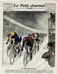 Wyścig sześciodniowy: Piet van Kempen (1898-1985), Alfred Grenda, Seres i Maurice Brocco (1883-1965) podczas sprintu. Grawer w Le Petit Journal illustre, 16.04.1922 r. autorstwa Anonymous Anonymous