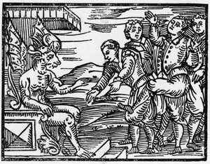 Czarownicy oddają hołd diabłu - „Compendium Maleficarum”, rozprawy o czarownicach, ich złu i ich losach autorstwa Francesco Marii Guazzo lub Guaccio lub Guaccius (15??? -16??) 1608 Kolekcja prywatna autorstwa Anonymous Anonymous