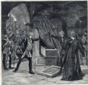 Scena piwnic w spektaklu „Katarzyna z Rosji”” w teatrze Cathelet Paul Ginisty (1855-1932) i Charles Samson (1894-1895). Grawer w „”Le Petro Parisien”” autorstwa Anonymous Anonymous