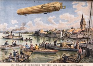 Testy sterowca Zeppelin na Jeziorze Bodeńskim w Niemczech. Grawer z gazety „”Le Peute Parisien””, dnia 2.08.1908 r. Prywatna kolekcja. autorstwa Anonymous Anonymous