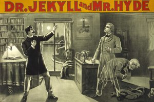 Transformacja. „”Doktor Jekyll i Mister Hyde””, Rory of Terror autorstwa Roberta Louisa Stevensona (1886). Amerykański plakat z końca XIX wieku do przedstawienia teatralnego. Ze zbiorów prywatnych Mediolan. autorstwa Anonymous Anonymous