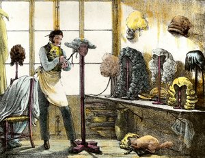Peruka stylizująca perukę katogana, fryzjera męskiego. Grawerowanie z pokazów lustrzanych, listów, lekarstw itp. Sztuka” 1821-1823 Kolekcja prywatna autorstwa Anonymous Anonymous