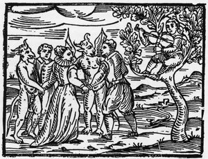 Czarownice w szabat tańczące przy dźwiękach skrzypiec - „Kompendium Maleficarum”, opowiada o czarownicach, ich złu i pochodzeniu Francesco Marii Guazzo lub Guaccio lub Guaccius (15??-16??) 1608 Kolekcja prywatna autorstwa Anonymous Anonymous