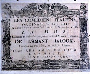 Plakat teatralny prezentujący utwory „Kropka” i „Zazdrosny kochanek” w wykonaniu włoskich komików, 1.09.1788. Paryż. Muzeum Karnawału autorstwa Anonymous Anonymous