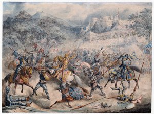Tournoi (wiek Moyen) - Turniej rycerzy konnych - Anonim - 1840 - Litografia kolorowa - 20,3x30,5 - Kolekcja prywatna autorstwa Anonymous Anonymous
