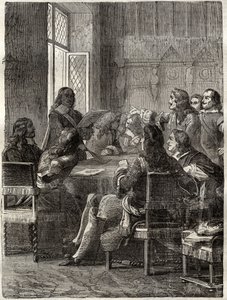 Traktat ryswicki (traktat ryswicki, 30 października 1697) (koniec wojny Ligi Augsburskiej między Ludwikiem XIV a Wielkim Sojuszem). Rycina XIX wieku. Prywatna kolekcja. autorstwa Anonymous Anonymous