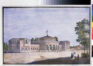 Dworzec kolejowy i restauracja francuska w Catharinhof (dworzec kolejowy i restauracja francuska w Catharinhof). Anonimowa litografia, kolorowana akwarelą, 22 x 33 cm autorstwa Anonymous Anonymous
