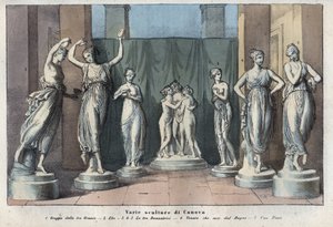 Różne rzeźby Canovy - Trzy Gracje - Hebe - Trzy Gracje Taniec - Wenus Italica - Muza - Grawerowanie z „” Zwyczajów i Tradycji Wszystkich Ludów Wszechświata. To jest historia rządu, praw, milicji, religii wszystkich… autorstwa Anonymous Anonymous