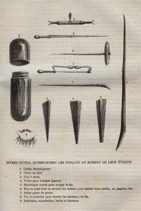 Różne narzędzia, które noszą widły podczas ucieczki. Grawer „Historia więzień od ich powstania do dnia dzisiejszego” (1877) autorstwa Pierre
