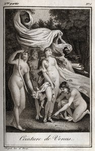 Pas Wenus: Podczas gdy bitwa nadal przynosi korzyść trojanom, Junon używa pasa Wenus, aby oczarować Jowisza, i spać, aby go uśpić. Rycina z 1819 r. w „Lettres a Emilie sur la mitologie” Charlesa Alberta Demoustiera (1760-1801). Prywatna kolekcja autorstwa Anonymous Anonymous