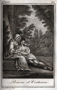 Vertumne i Pomone (Jowisz i Ceres): Vertumne, zakochana w nimfie Pomone, przebiera się za staruszkę, aby się do niej zbliżyć. Rycina z 1819 r. w „Lettres a Emilie sur la mitologie” Charlesa Alberta Demoustiera (1760-1801). Prywatna kolekcja. autorstwa Anonymous Anonymous