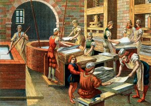 Widok warsztatu papierniczego w Fabriano w XVI wieku we Włoszech. Różne kroki. Ilustracja. Kolekcja prywatna - Warsztat papierniczy w Fabriano (Włochy) autorstwa Anonymous Anonymous
