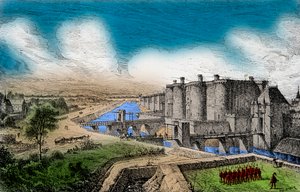 Widok na Bastylię i otaczające ją mury pod panowaniem króla Karola V Mądrego (1338-1380), rycina, zbiory prywatne autorstwa Anonymous Anonymous