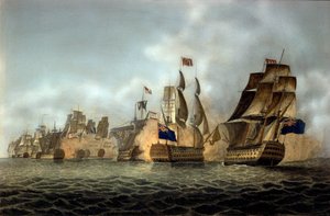 Widok na bitwę pod Przylądkiem Saint-Vincent 14/02/1797 Rycina z 1798 r. autorstwa Anonymous Anonymous