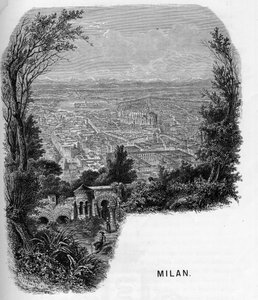 Widok na miasto Mediolan (Milano), Włochy. Rycina z 1859 roku w „” les galeries de l