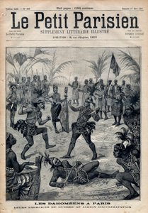 Ćwiczenia wojenne: Amazonki, wojownicy i feticheurs dahomeens (obecnie Benin) z ogrodu aklimatyzacji w Paryżu (Ludzkie Zoo). Grawer w „Le petit Parisien”” z 1891 r. Ze zbiorów prywatnych. autorstwa Anonymous Anonymous