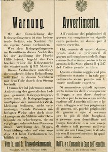 Ostrzeżenie po ucieczce włoskich jeńców wojennych 16 lutego 1916 r. z prośbą o nie pomaganie ludności austriackiej (rycina autorstwa Anonymous Anonymous
