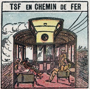Telefonia bezprzewodowa: T.S.F. w wagonie kolejowym. Anonimowa ilustracja z 1925 r. Ze zbiorów prywatnych. autorstwa Anonymous Anonymous
