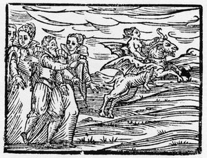 Czarownica na kozie - „”Compendium Maleficarum””, opowiada o wiedźmach, ich złu i ich przejawach, autorstwa Francesco Marii Guazzo lub Guaccio lub Guaccius (15??-16??) 1608 Kolekcja prywatna autorstwa Anonymous Anonymous