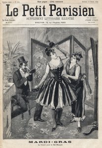 Kobiety przygotowujące się za parawanem i mężczyzna przymierzający maskę w kształcie tuby słonia na Bal Maskowy Mardi Gras (Mardi-Gras). Jedna z gazet „Le Petit Parisien”” z dnia 19.02.1893. autorstwa Anonymous Anonymous
