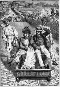 carros de cesto na Maderze 1893 - Les corinhos (carrieros) a Madeira (Madeira) - panowie prowadzący siedzenie w dwóch miejscach na ruletce (un corinho). grawer w „”Dzienniku podróży””” 1893 autorstwa Anonymous Anonymous