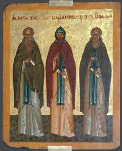 Święci Chariton Wyznawca, Barlaam z Chutynia i Sergiusz z Radoneża, XV w. autorstwa Anonymous Russian icon painter
