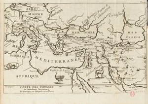 Mapa podróży Taverniera w Europie, Persji, Turcji, XVII wieku. autorstwa Anonymous master.