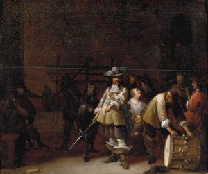 Wnętrze wartowni z kawalerem rozmawiającym z perkusistą autorstwa Anthonie Palamedesz