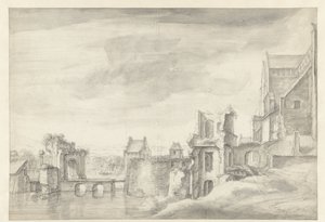 Widok ruin na brzegu rzeki (St. Walburgkerk w Arnhem?) autorstwa Anthonie Waterloo