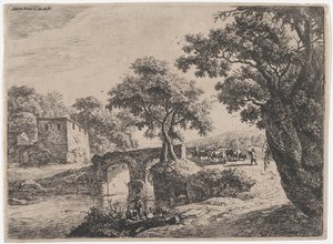 Stado w pobliżu kamiennego mostu, XVII wiek. autorstwa Anthonie Waterloo