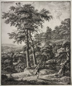Sześć dużych pionowych pejzaży ze scenami z Metamorfoz Owidiusza: Apollo i Daphne autorstwa Anthonie Waterloo