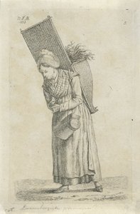 Kobieta z Luksemburga z koszem na plecach Luksemburg zielona kobieta (tytuł na obiekcie) Rolnicy i kobiety rolnicy z Wielkiej Brytanii (tytuł serii) autorstwa Anthonie Willem Hendrik Nolthenius de Man