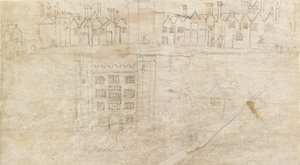 Budynki wzdłuż południowego frontu Pałacu Oatlands, ok. 1550 r. autorstwa Anthonis van den Wyngaerde