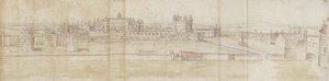 Pałac Hampton Court z Północy (pióro i brązowy tusz oraz akwarela na słabych oznaczeniach czarną kredą) autorstwa Anthonis van den Wyngaerde