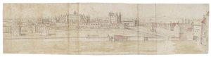 Pałac Hampton Court od strony północnej (pióro, brązowy tusz i akwarela, słabo zaznaczone czarną kredą) autorstwa Anthonis van den Wyngaerde