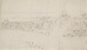 Panorama Londynu widziana z Southwark: Durham House do Barnards Castle (pióro, tusz i czarna kreda na papierze) autorstwa Anthonis van den Wyngaerde