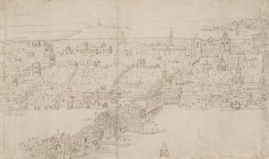 Panorama Londynu widziana z Southwark: London Bridge, 1554 autorstwa Anthonis van den Wyngaerde