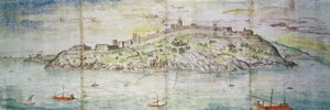 Panoramiczny widok na Tarragonę, Hiszpania (pióro i atrament i toaleta na papierze) autorstwa Anthonis van den Wyngaerde