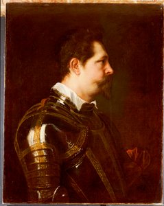 Portret generała, długość biustu, w zbroi damasceńskiej z białym kołnierzykiem i czerwoną szarfą autorstwa Anthony van Dyck