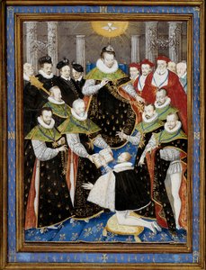 Król Henryk III (1551-1589) przewodniczący pierwszej ceremonii Orderu Ducha Świętego (Order Ducha Świętego) w 1587 Miniatura Williama Richardiere