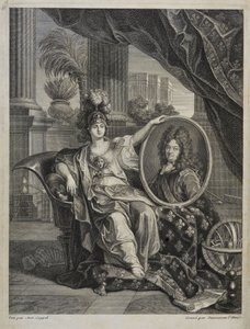 Ludwik XIV, król Francji, protektor nauk - rycina Antoine Coypel Historia Królewskiej Akademii Nauk, rok 1703 autorstwa Antoine (after) Coypel