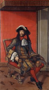 Portret króla Ludwika XIV, siedzącego na całej długości, w haftowanym niebiesko-złotym płaszczu z białą kryzą i futrzanym kapeluszem, na tronie (olej na płótnie, bez podszewki) autorstwa Antoine (after) Dieu