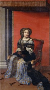 Portret królowej Marii Teresy, siedzącej pełnej długości, w wysadzanym klejnotami czarnym gorsecie z koronkowym kołnierzem i niebiesko-złotą spódnicą, na tronie (olej na płótnie, bez podszewki) autorstwa Antoine (after) Dieu