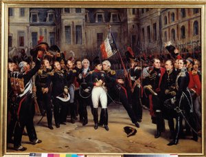 Abdykacja z 1814 r. - „”Pożegnanie Napoleona Bonaparte (1769-1821) ze strażą cesarską na dziedzińcu Cheval Blanc w Fontainebleau w dniu 20.04.1814 r.”” Obraz Antoine Montfort (1802-1884) XIX-wieczne słońce. 0,98x1,3 m² autorstwa Antoine Alphonse Montfort