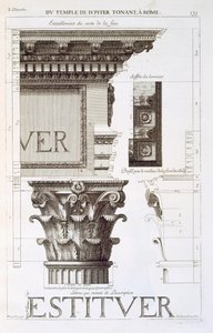 Belkowanie, kapitel i inskrypcja ze świątyni Jupitera Tonansa (The Thunderer), z „Les Edifices Antiques de Rome”, 1682 autorstwa Antoine Babuty Desgodets
