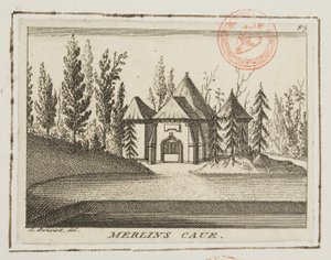 Widok jaskini Merlina, ogrody Kew, ilustracja z „Okolice Londynu Lysons”, ok. 1750 (rycina) autorstwa Antoine Benoist